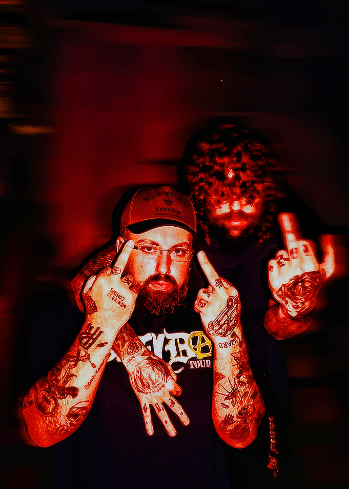 Two men with tattoos and middle fingers up