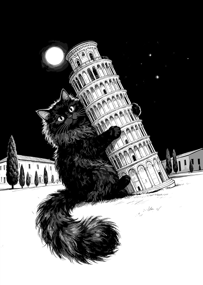 Black Cat Hugging Leaning Tower of Pisa