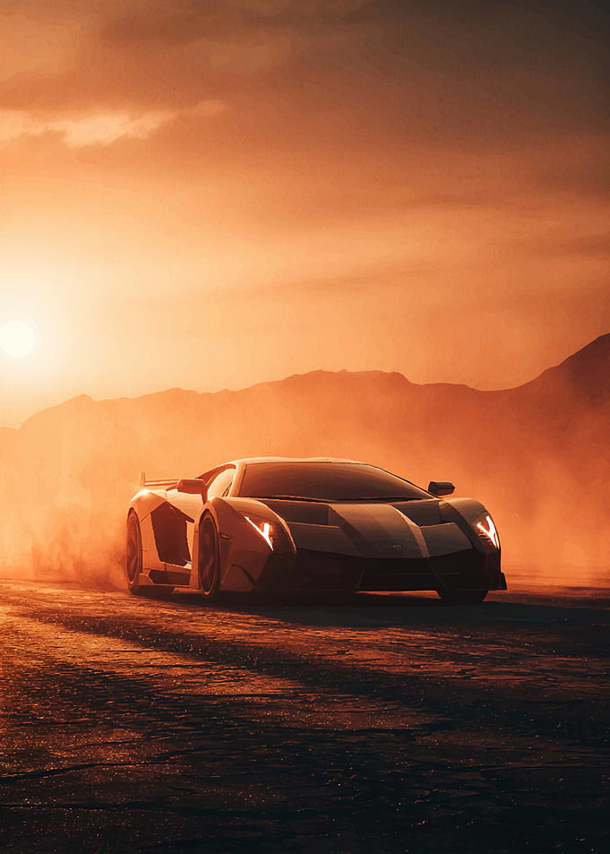Sports car driving in desert sunset