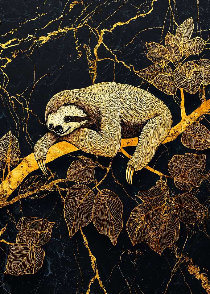 Golden Sloth Resting On Tree