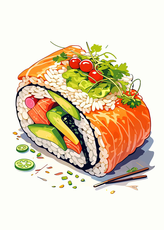 Artistic Sushi Roll with Salmon and Avocado