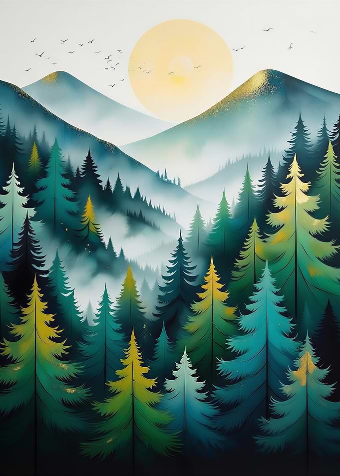 Misty Sunrise Over Pine Forest