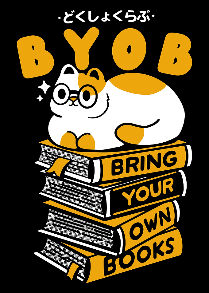 Bring Your Own Books Poster, Cute Reading Cat Wall Art, Book Lover Library Print