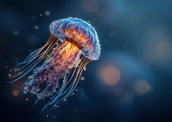 Bioluminescent Jellyfish in Deep Blue Sea