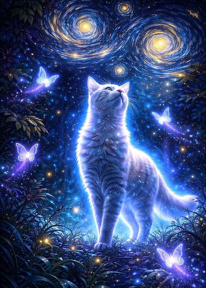 Magical Cat in a Starry Night Forest