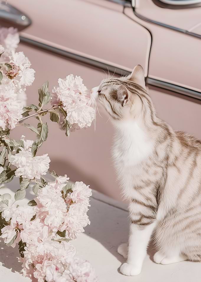 Cat smelling pink flowers by a car