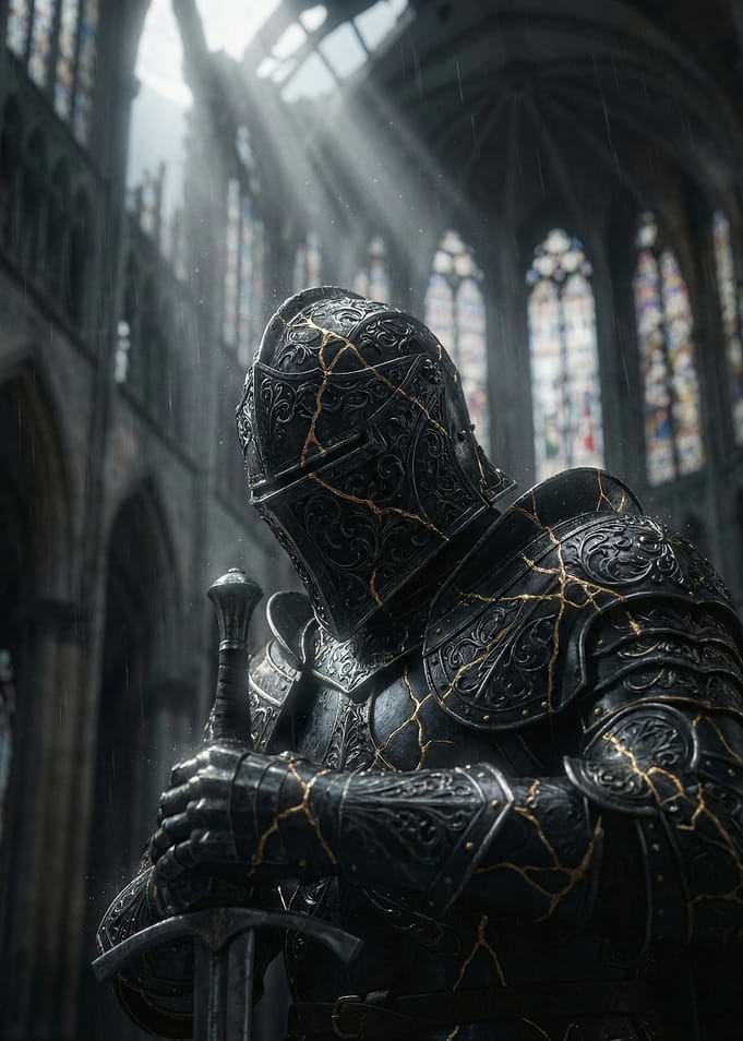 Knight in Cracked Armor in Cathedral