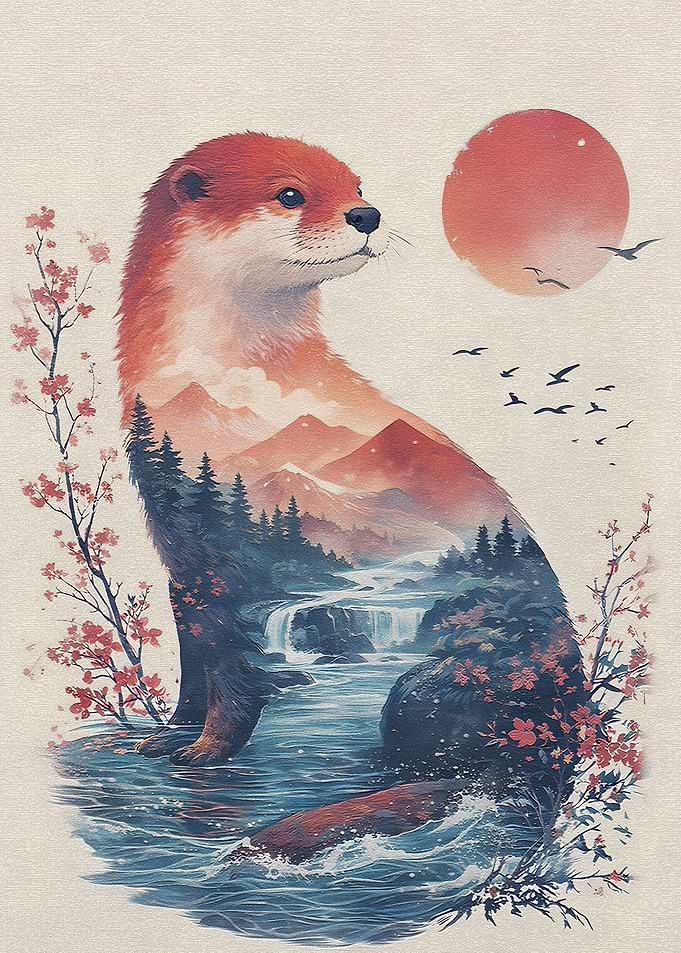 Otter with Landscape Double Exposure