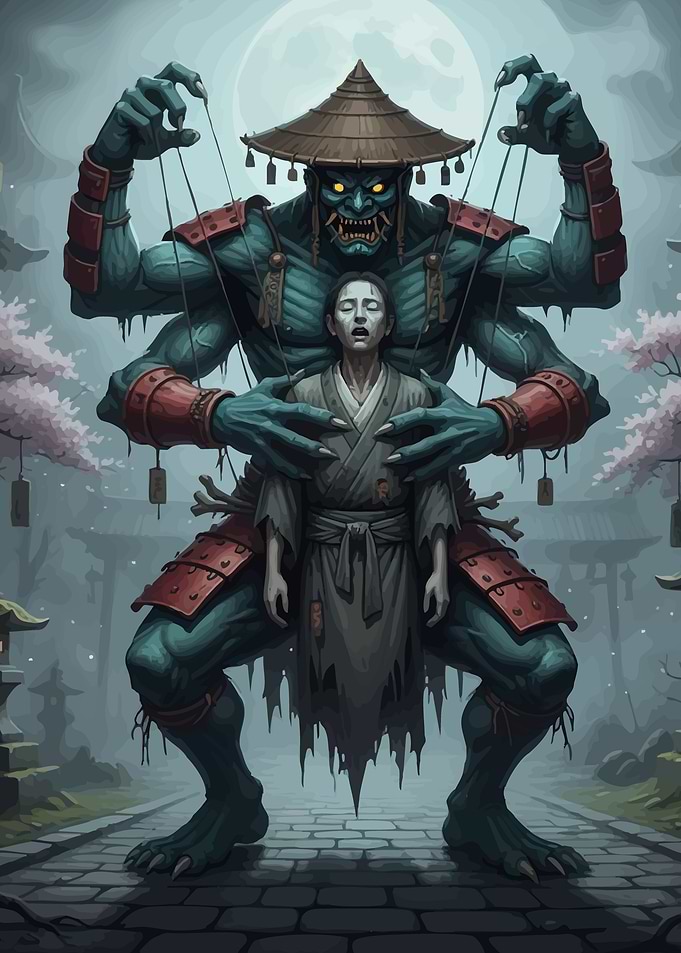 Giant Oni Puppet Master and Human Puppet