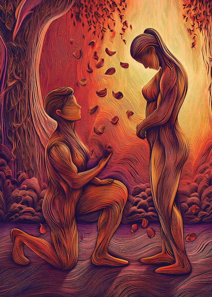 Couple in a forest with falling petals
