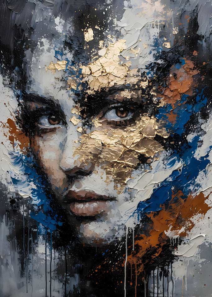 Fractured Elegance: A Portrait of Gold, Blue, and Emotion