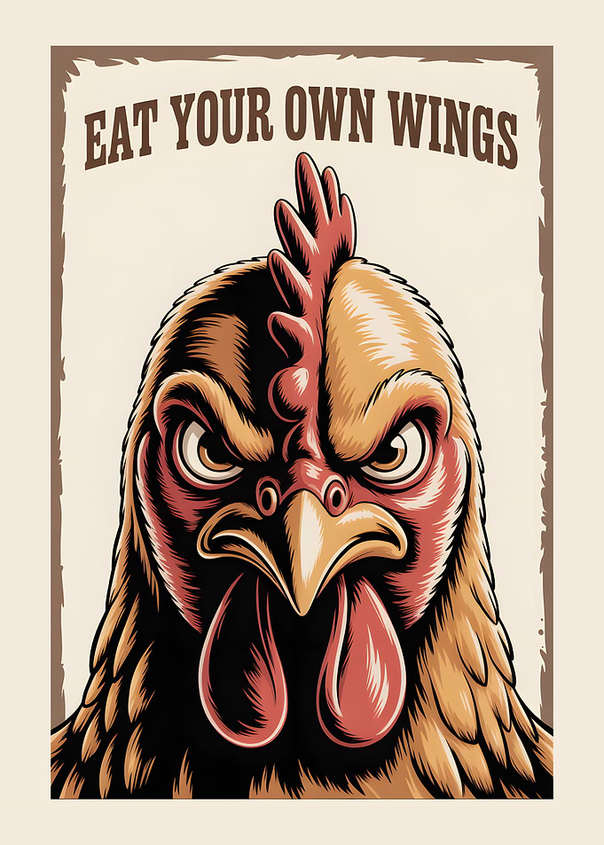 Angry Chicken with 'Eat Your Own Wings' Text