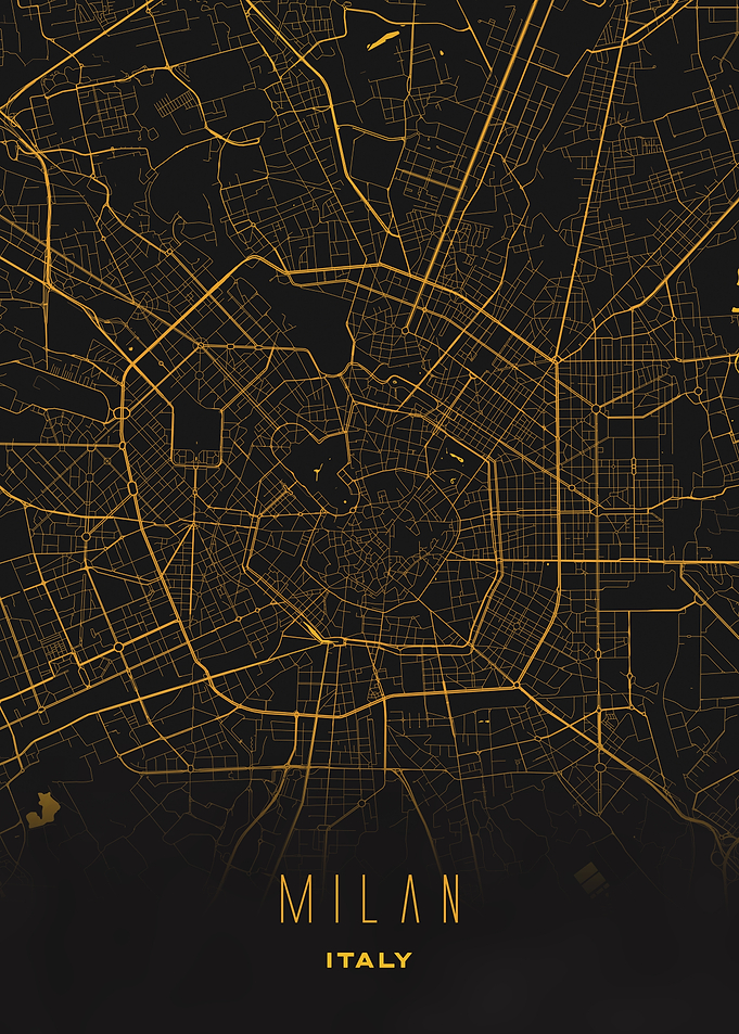 Milan, Italy - Golden City Streets Map, Wall Art Print