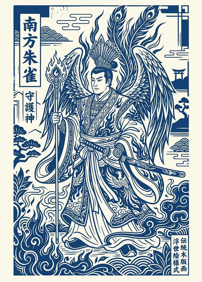 Guardian Deity with Phoenix and Flames