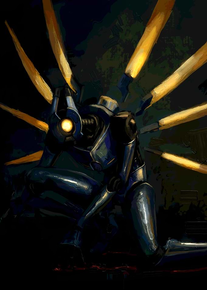 Crouching Robot with Glowing Eyes