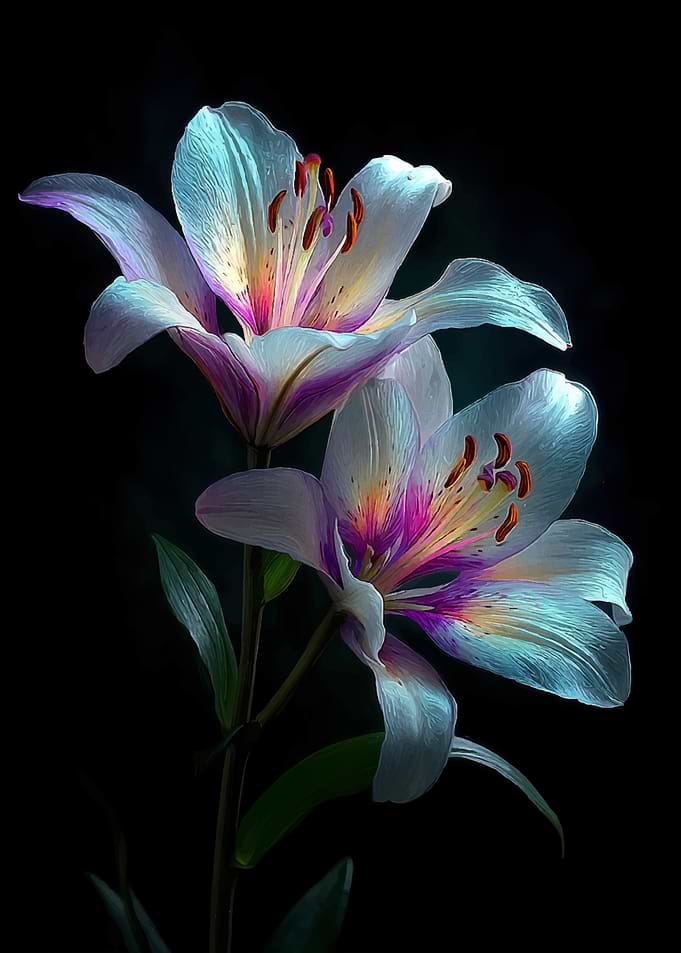 Two Luminous Lilies on Black Background