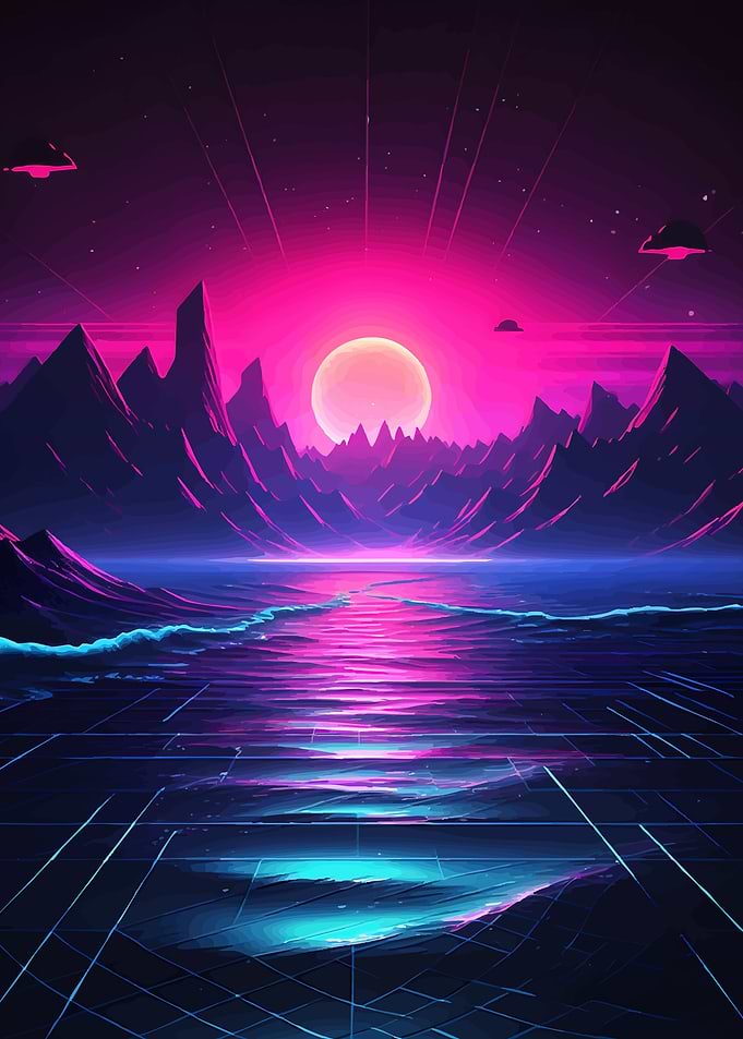 Retro Sunset Over Digital Ocean