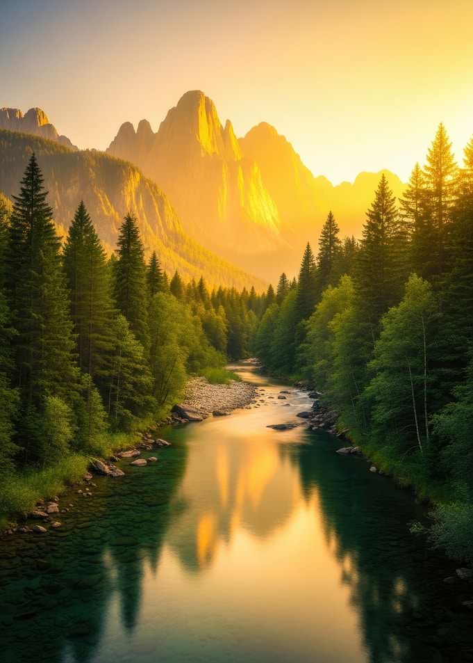 Mountain River Landscape at Sunset
