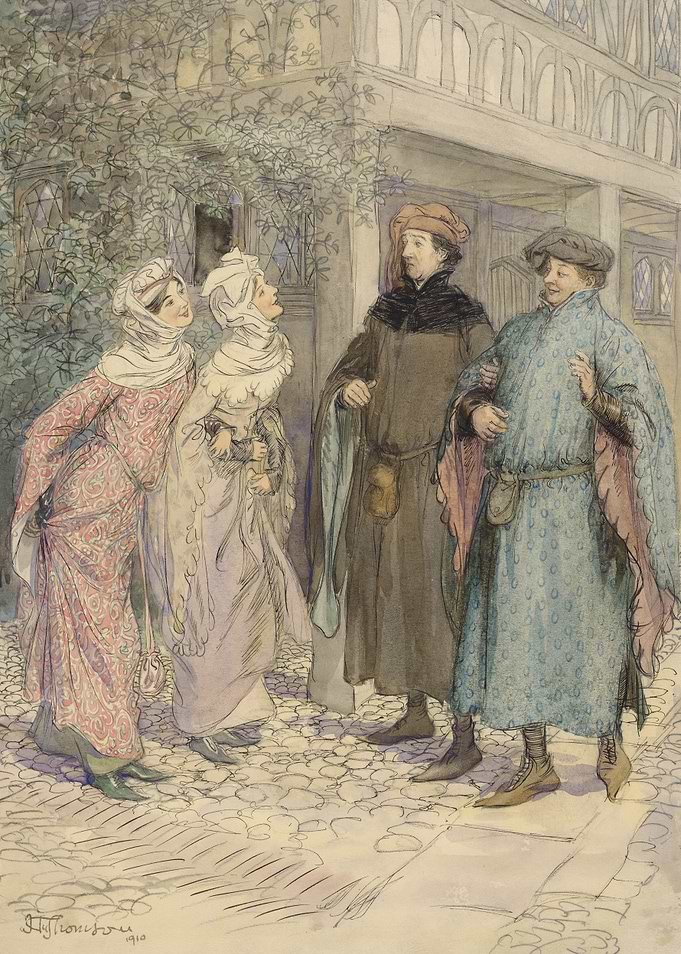 Medieval Scene with Four Figures