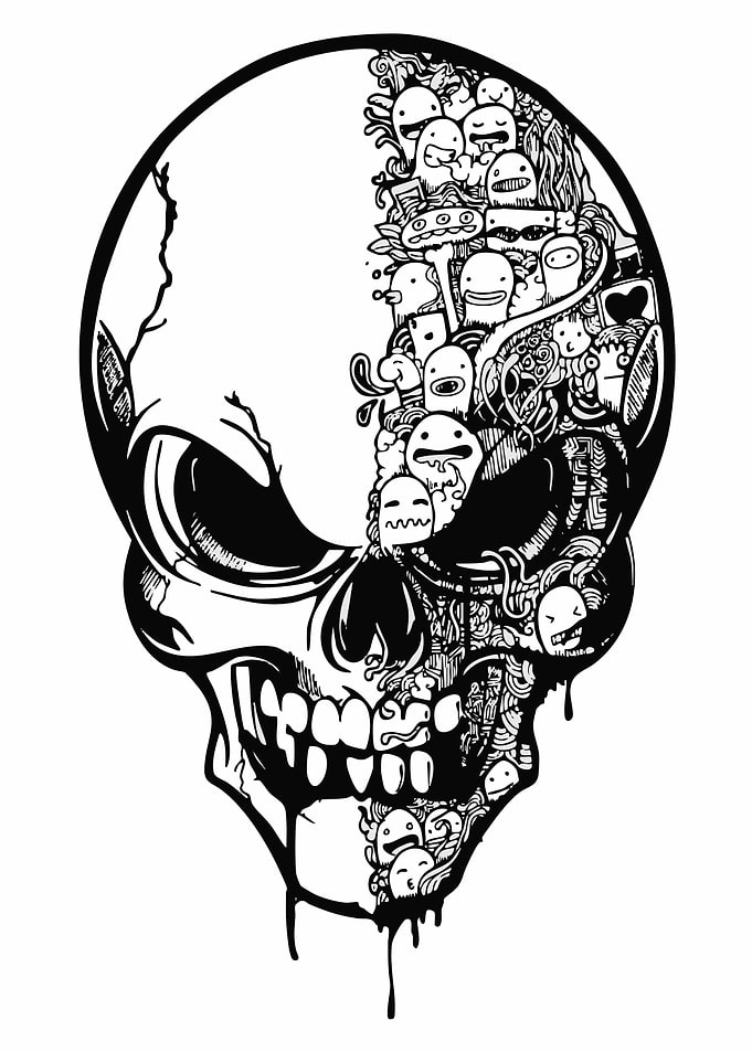 Doodle Skull with Cute Monsters