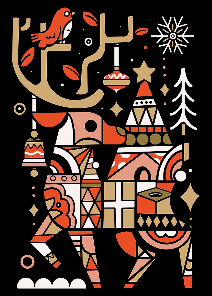 Christmas Reindeer Poster, Festive Geometric Deer Art, Modern Holiday Wall Print
