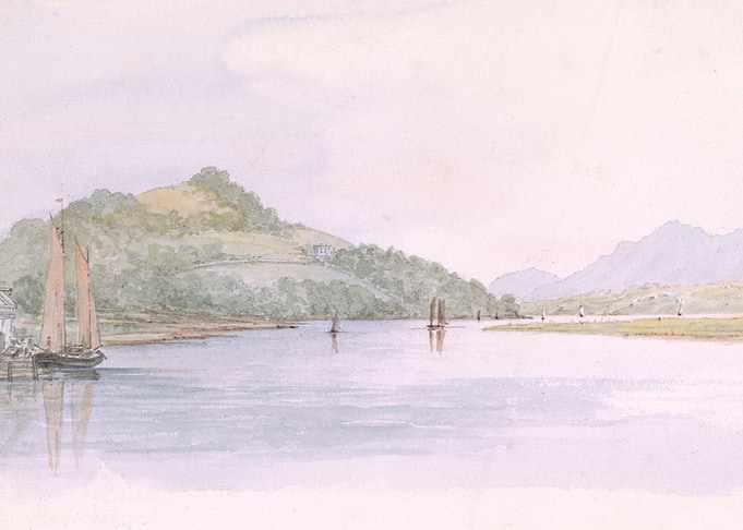 Watercolor painting of a river scene with sailboats