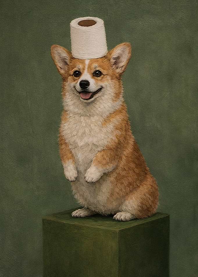 Corgi Wearing Toilet Paper Hat
