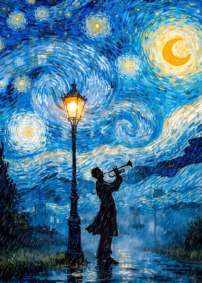 Lamplight Serenade: A Trumpeter in a Star-Studded Night