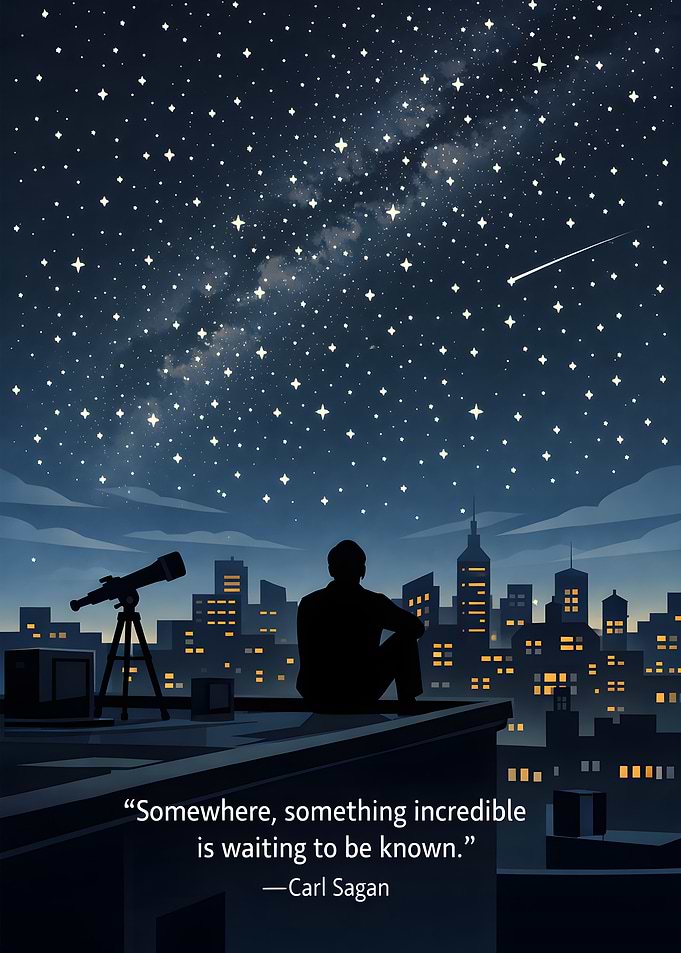 Man gazing at starry night sky over city
