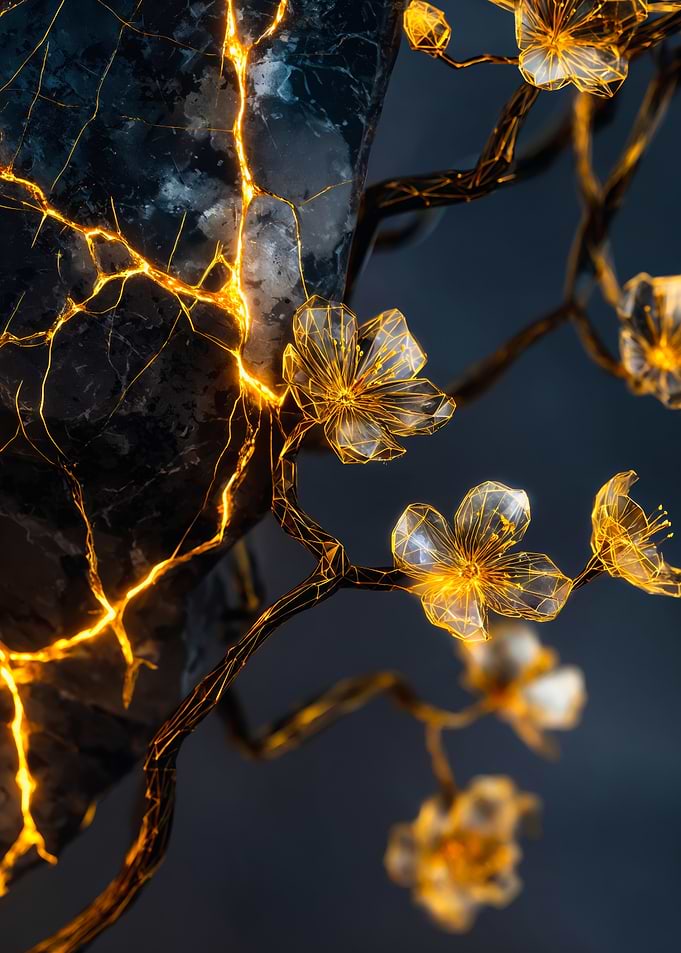 Glowing Gold Flower Stone Art