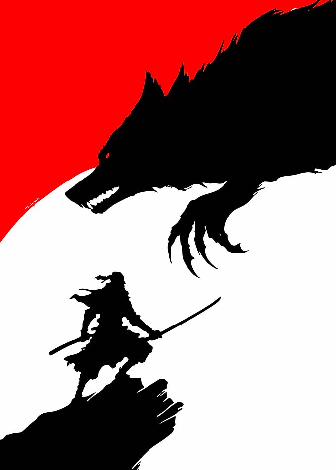 Samurai warrior facing a wolf