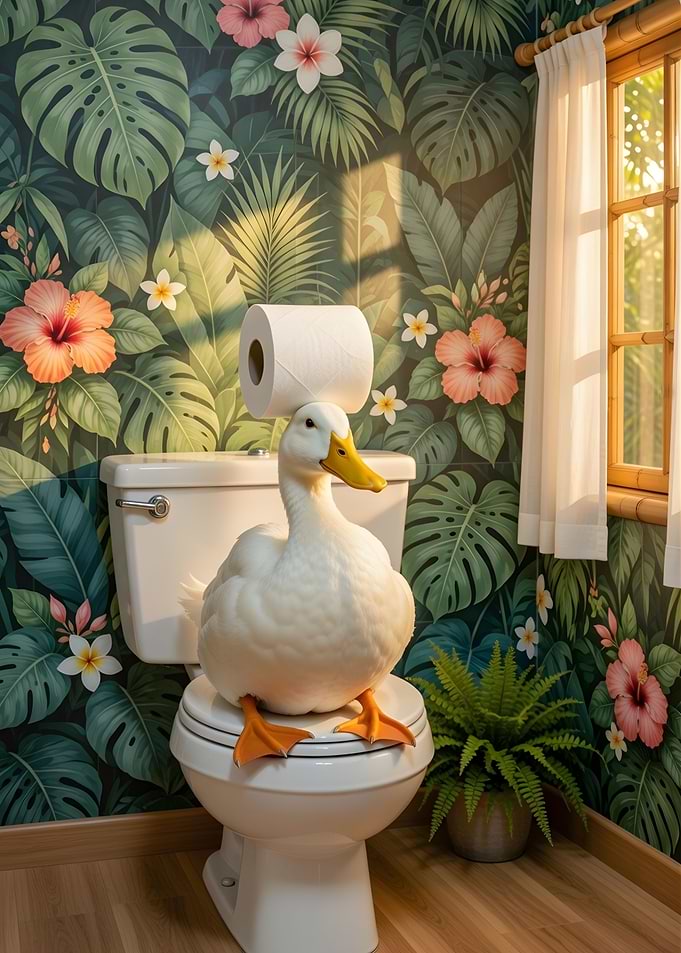 Duck on Toilet with Toilet Paper hat