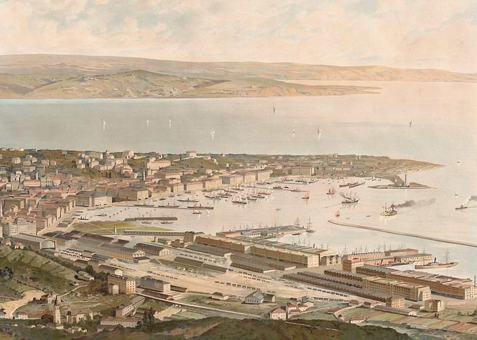 Panoramic View of a Bustling Harbor City