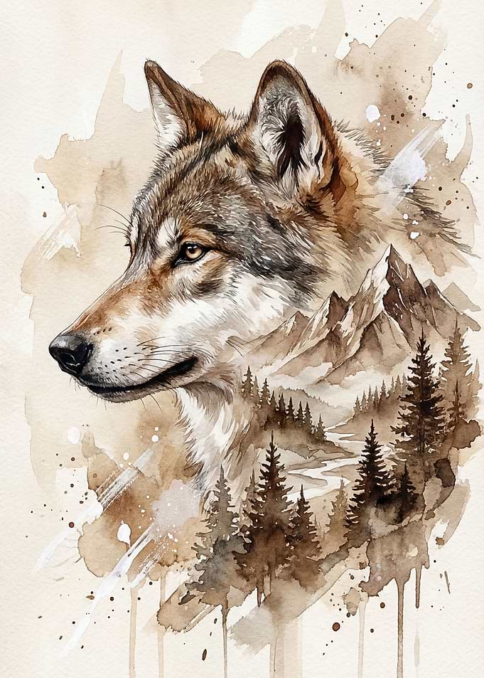 Wolf and Mountain Landscape Watercolor