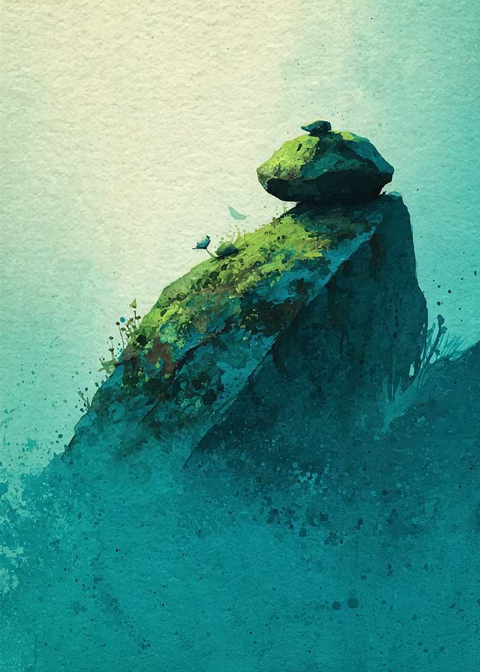 Watercolor Painting of a Mossy Rock Formation