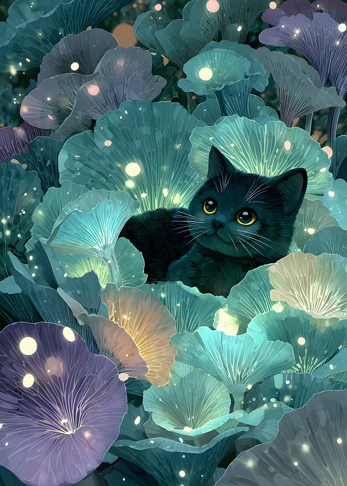 Black kitten in glowing mushrooms
