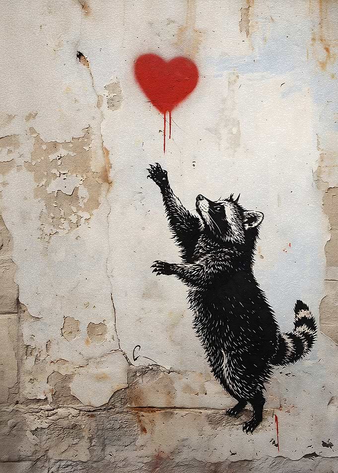 Raccoon Reaching for Red Heart