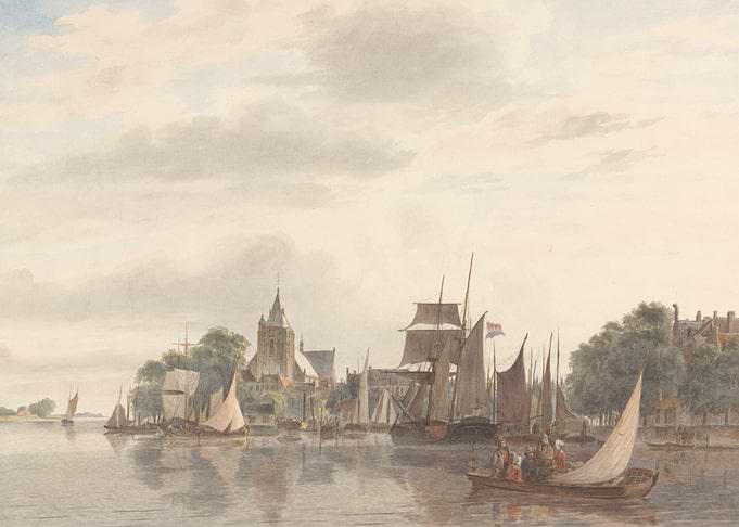 Watercolor painting of a Dutch harbor scene