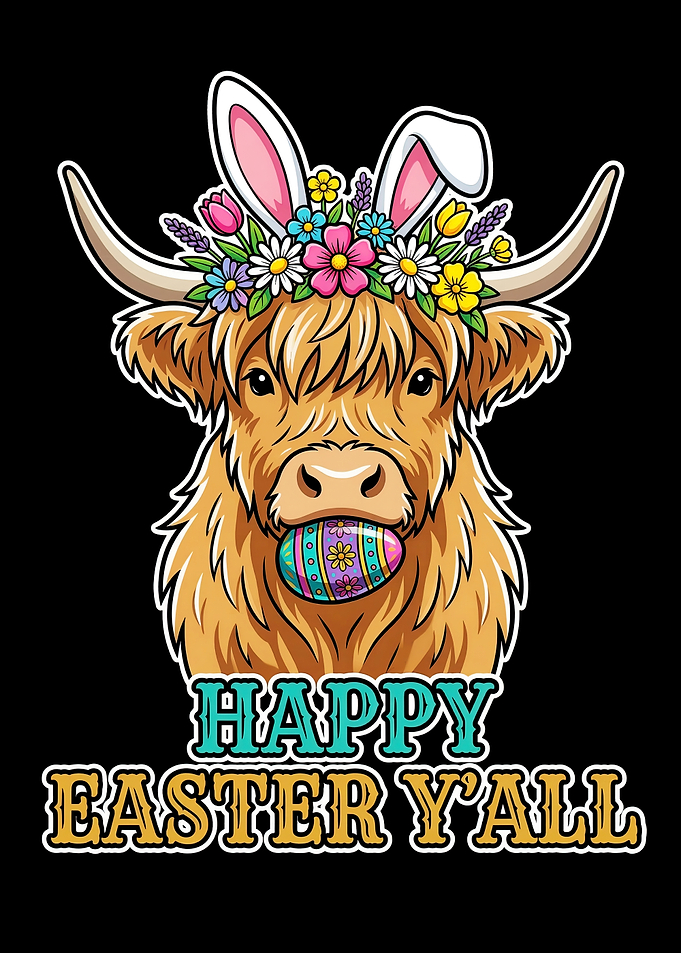 Happy Easter Yall Highland Cow With Floral Flower Crown