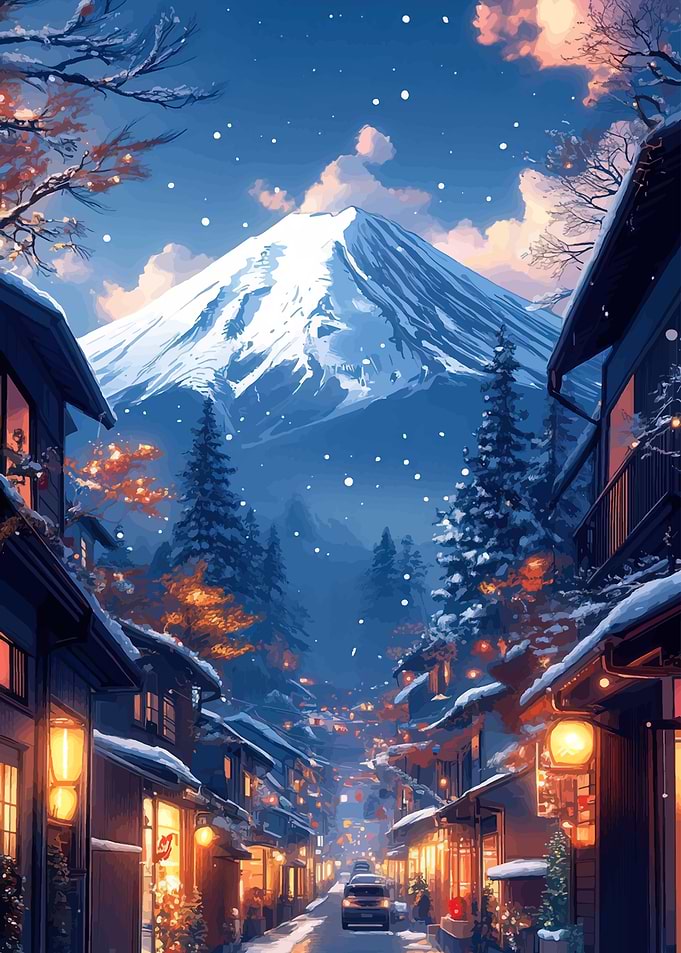 Snowy Japanese Village with Mount Fuji