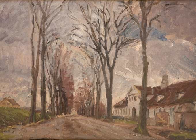 A Tree-Lined Road with Buildings