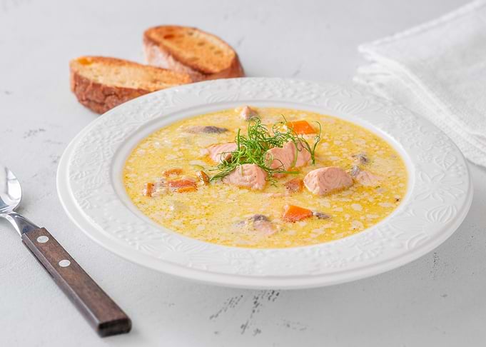 Creamy Salmon Soup with Toasted Bread