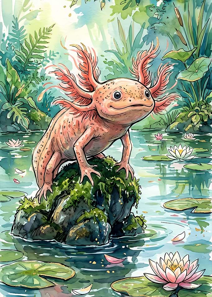 Cute Axolotl in a Pond