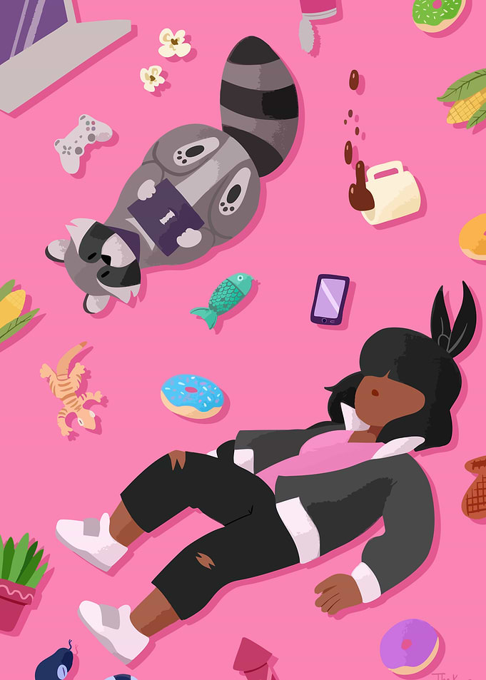 Raccoon and Person Relaxing with Snacks