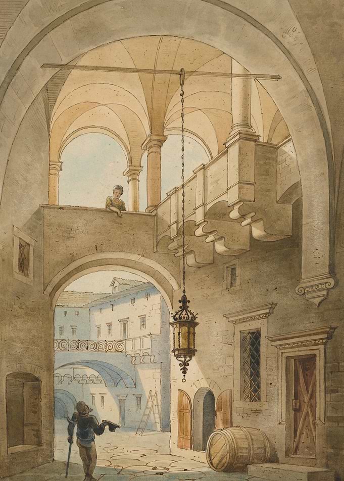 Courtyard with figures and architecture
