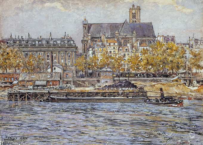 Parisian River Scene with Church and Buildings