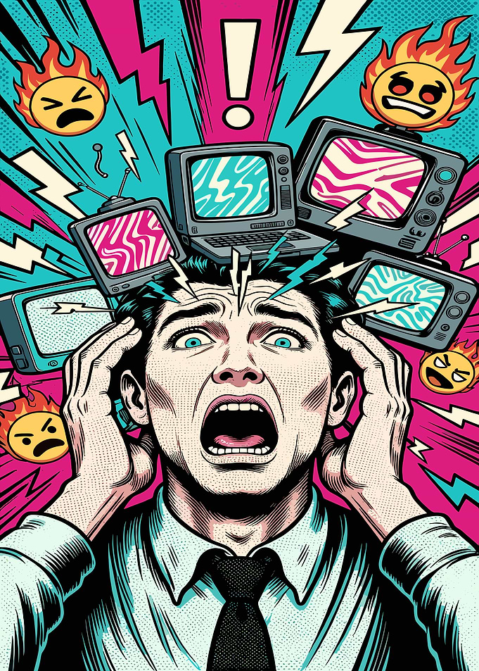 Man Overwhelmed by Media Overload