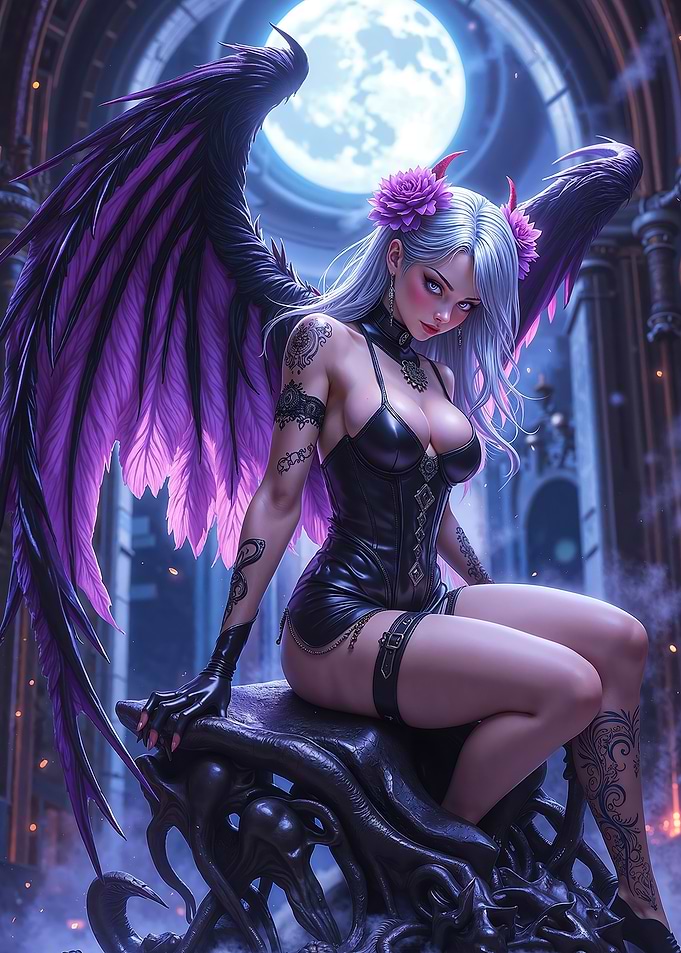 Sexy Anime Gothic Angel with Purple Wings