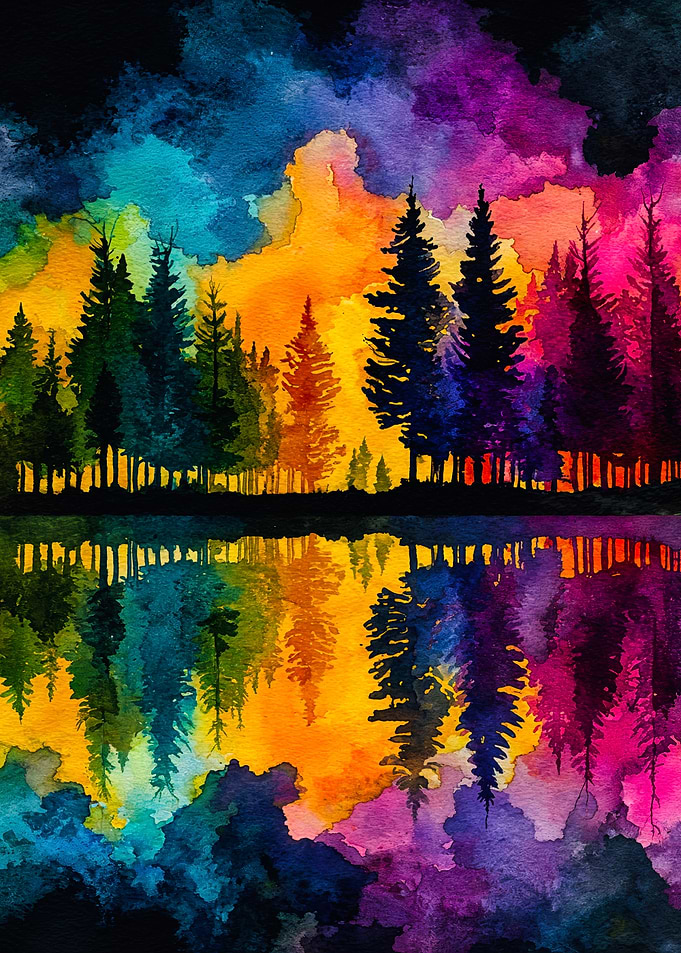 Vibrant Watercolor Forest Lake Reflection