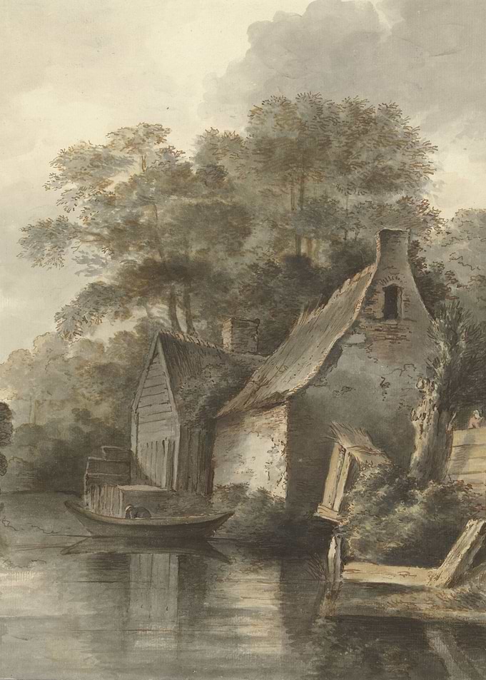 Watercolor painting of a rustic mill by a river